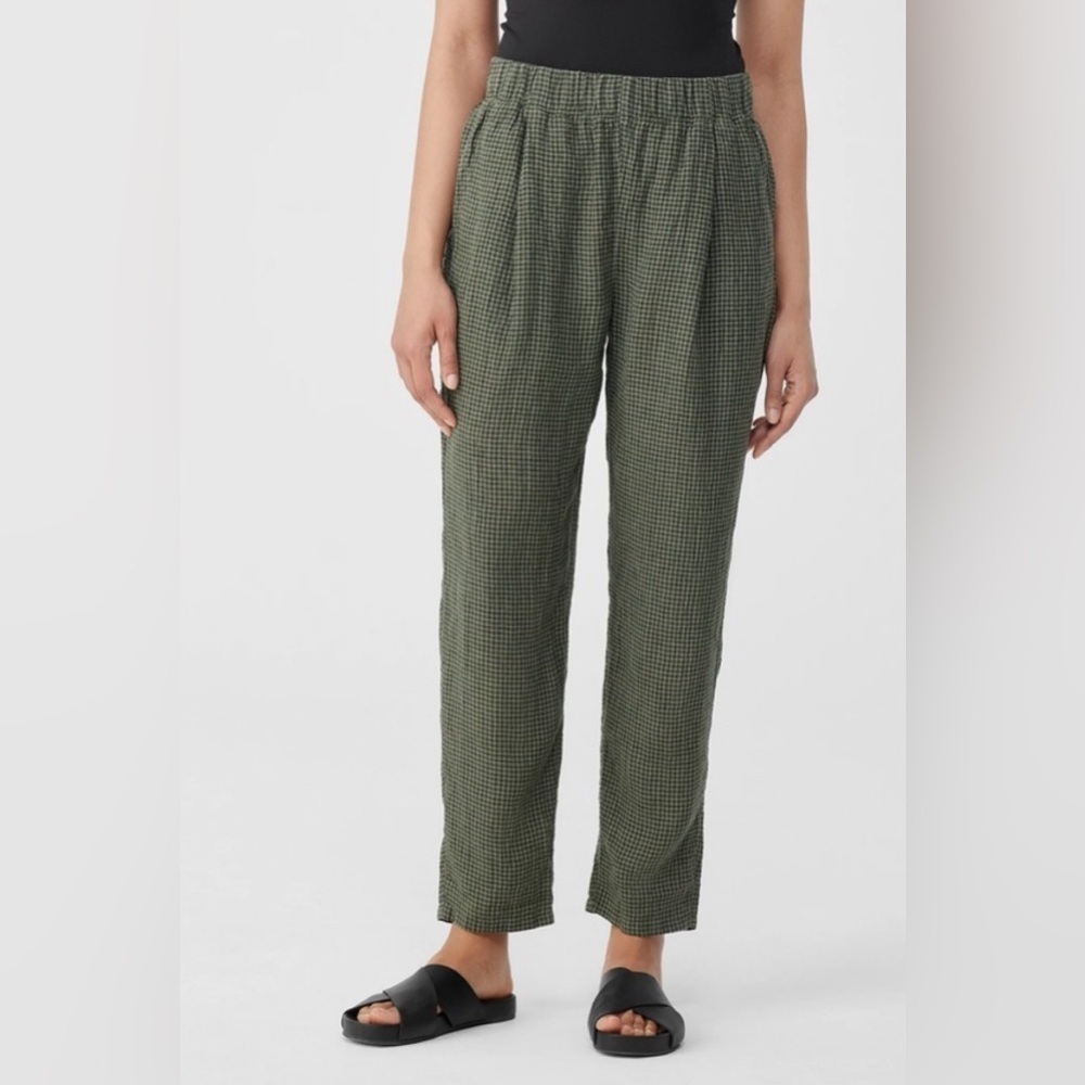 Eileen Fisher Organic Linen Loden Tapered Ankle Pant Size XS Green Black Plaid